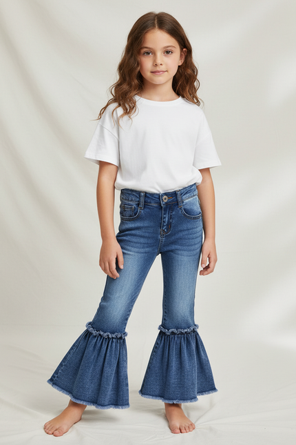 Pantalon Patte D'Éléphant Denim Bleu Volants Fille - Jean