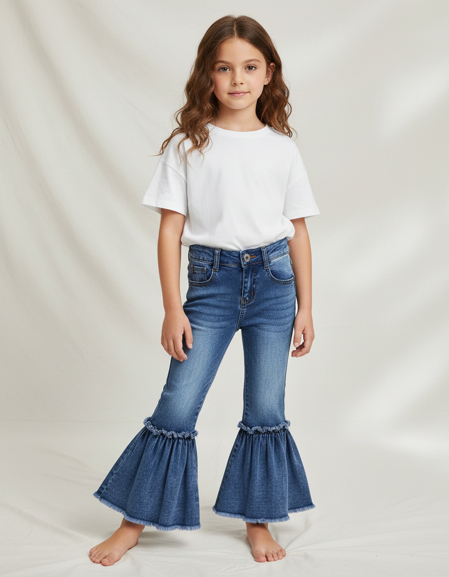 Pantalon Patte D'Éléphant Denim Bleu Volants Fille - Jean