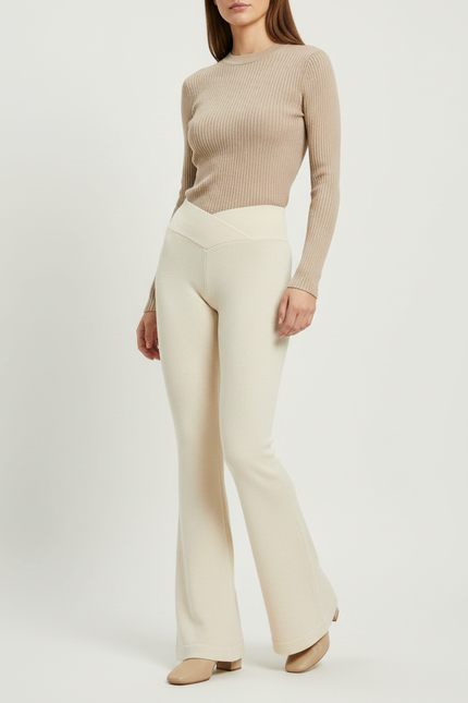 Pantalon Patte D'Éléphant Crème Tricoté Côtelé Taille Haute - Beige Maille