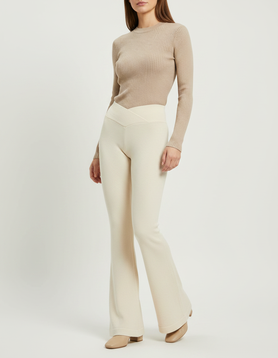 Pantalon Patte D'Éléphant Crème Tricoté Côtelé Taille Haute - Beige Maille