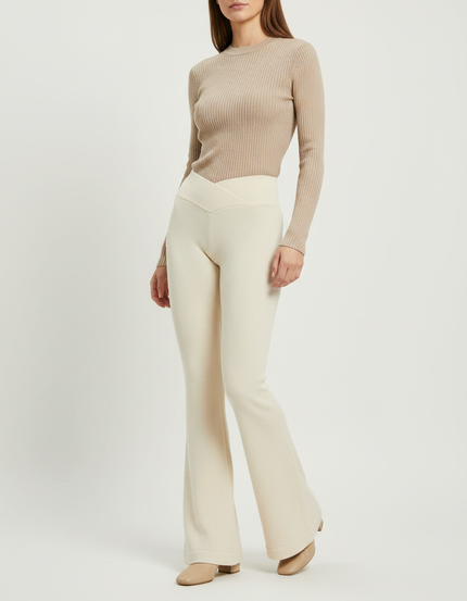 Pantalon Patte D'Éléphant Crème Tricoté Côtelé Taille Haute - Beige Maille