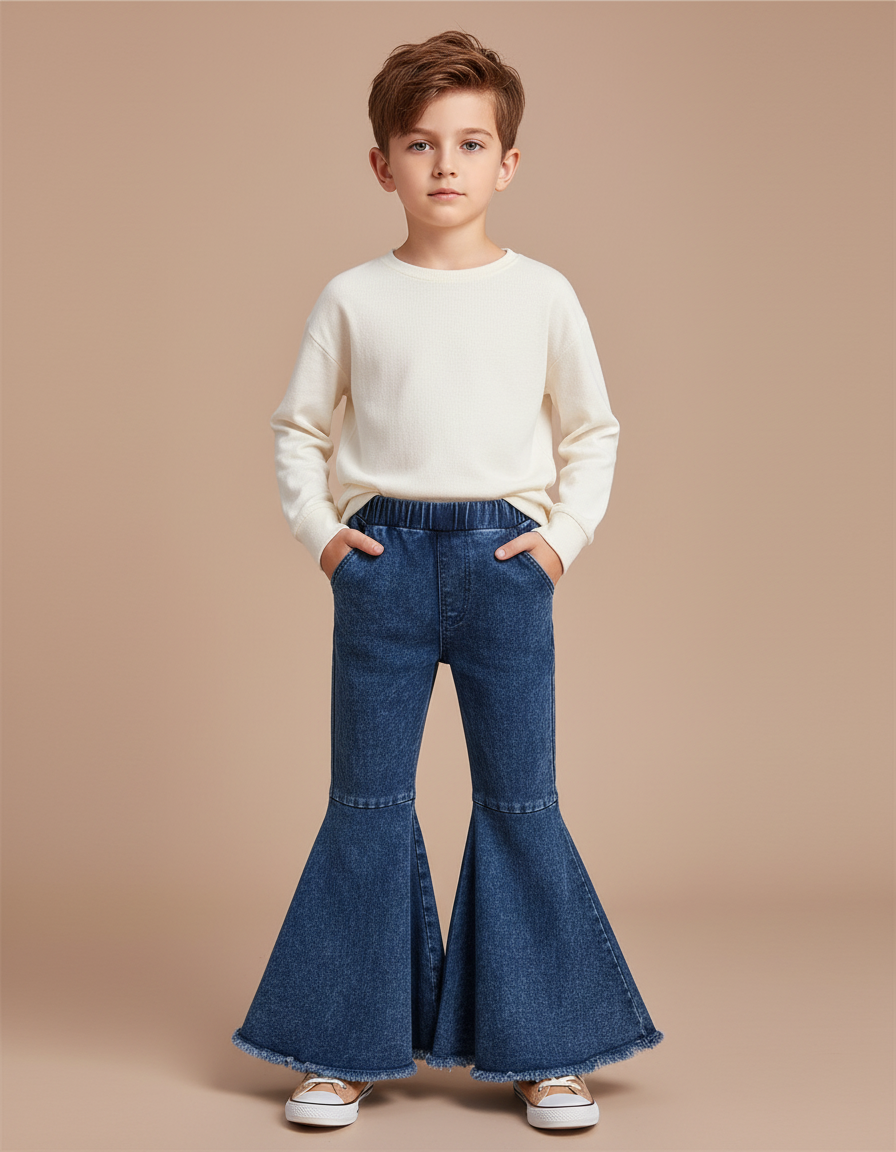 Pantalon Patte D'Éléphant Bleu Denim Évasé Enfant Fille - Jean