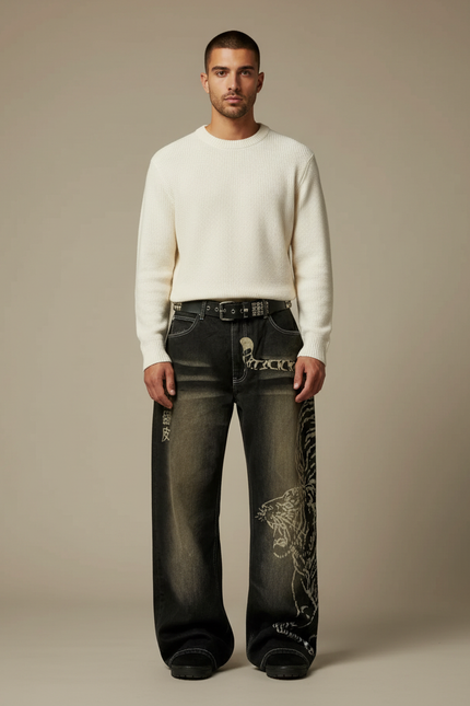 Pantalon Patte D'Éléphant Baggy Imprimé Tigre Vintage Homme - Gris Jean