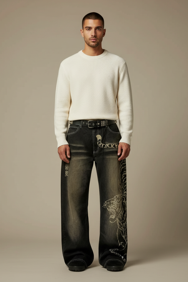 Pantalon Patte D'Éléphant Baggy Imprimé Tigre Vintage Homme - Gris Jean