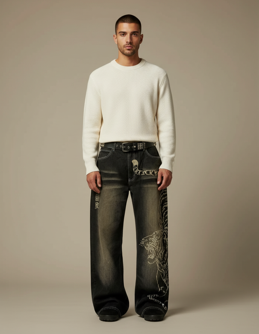 Pantalon Patte D'Éléphant Baggy Imprimé Tigre Vintage Homme - Gris Jean