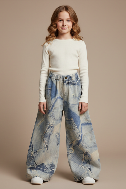 Pantalon Patte D'Éléphant Denim Patchwork Ample Délavé Enfant - Multicolore Jean