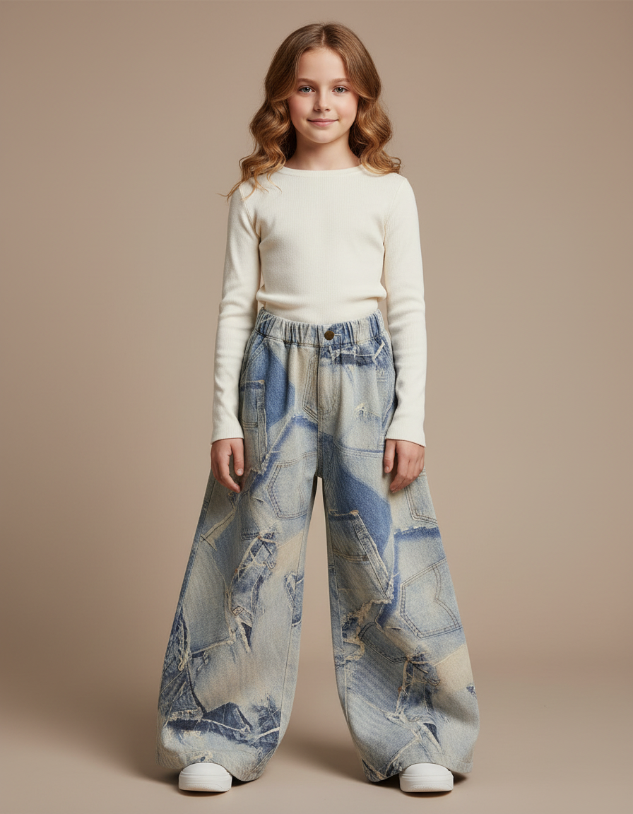 Pantalon Patte D'Éléphant Denim Patchwork Ample Délavé Enfant - Multicolore Jean
