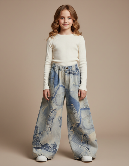 Pantalon Patte D'Éléphant Denim Patchwork Ample Délavé Enfant - Multicolore Jean
