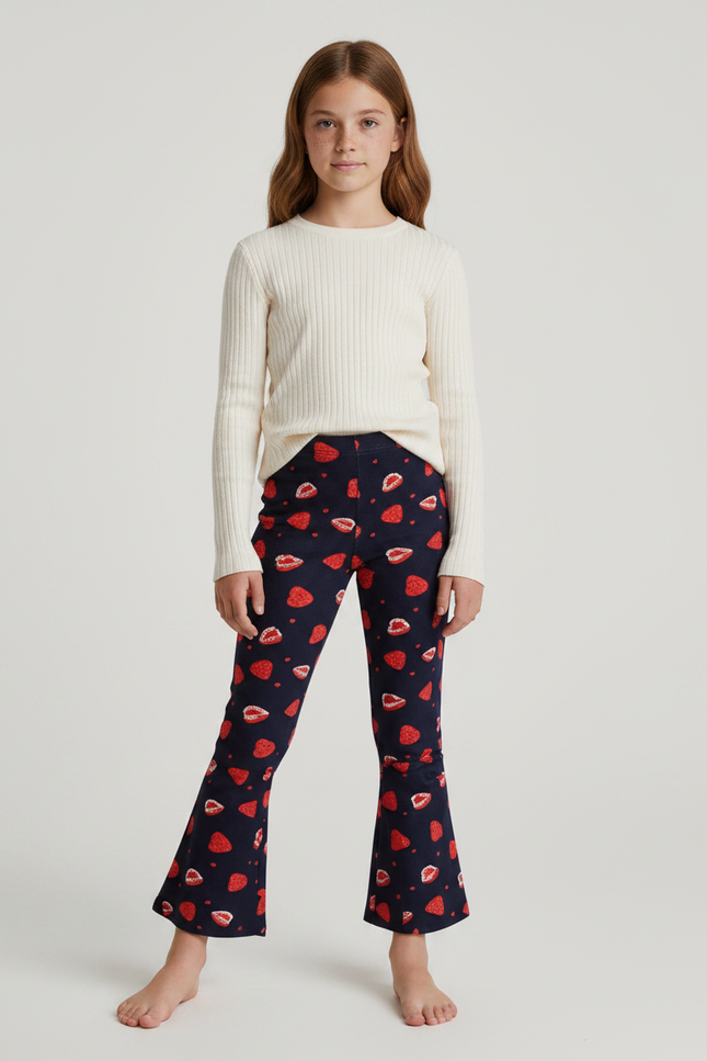 Pantalon Patte D'Éléphant Imprimé Fraises Velours Côtelé Fille - Cordé