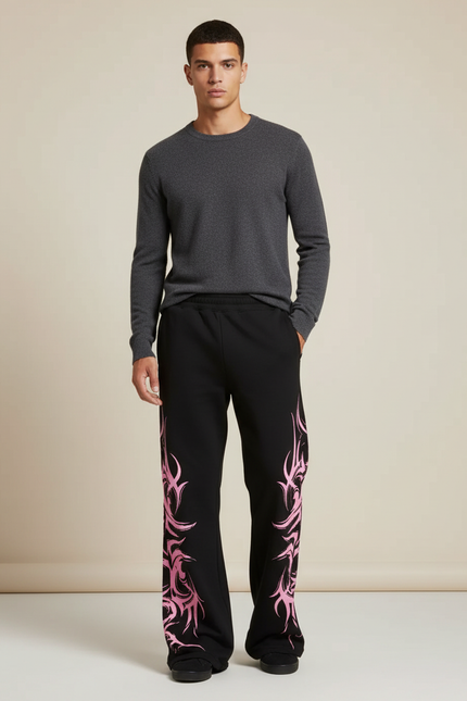 Pantalon Patte D'Éléphant Noir Tribal Rose Ample Coton - Molleton