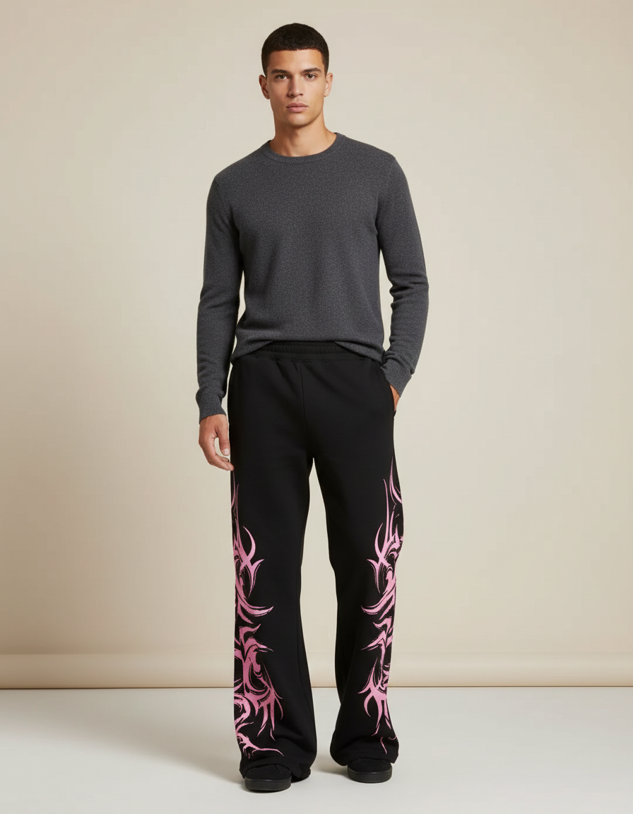 Pantalon Patte D'Éléphant Noir Tribal Rose Ample Coton - Molleton