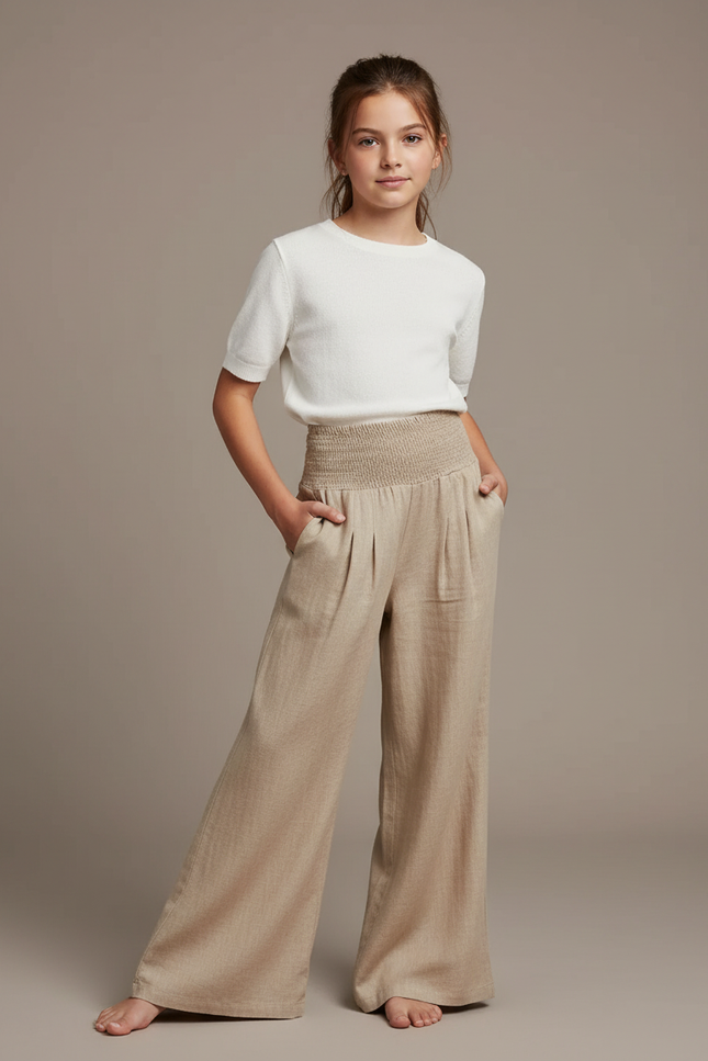 Pantalon Patte D'Éléphant Beige Ample Taille Smockée Enfant - Lin