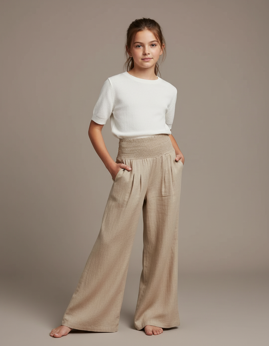 Pantalon Patte D'Éléphant Beige Ample Taille Smockée Enfant - Lin
