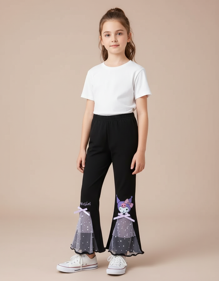 Pantalon Patte D'Éléphant Noir Imprimé Kuromi Tulle Fille - Molleton
