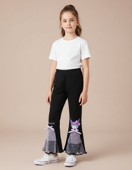 Pantalon Patte D'Éléphant Noir Imprimé Kuromi Tulle Fille - Molleton