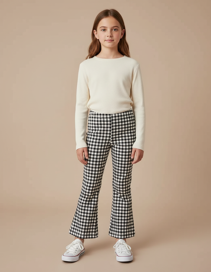 Pantalon Patte D'Éléphant Noir Blanc Vichy Évasé Fille Élégant - Multicolore Coton