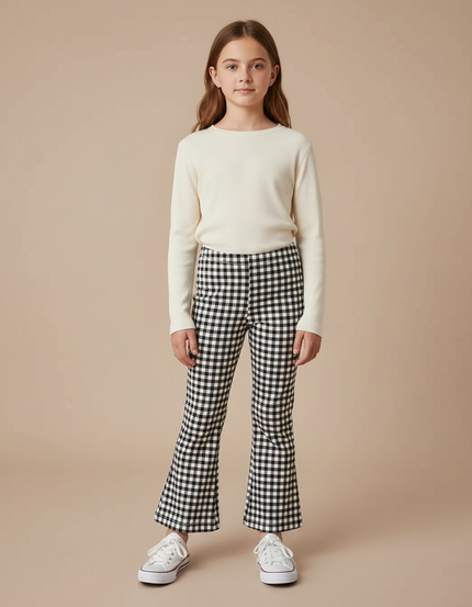 Pantalon Patte D'Éléphant Noir Blanc Vichy Évasé Fille Élégant - Multicolore Coton