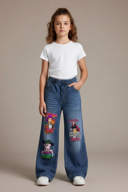 Pantalon Patte D'Éléphant Fille Denim Imprimé Large Casual - Bleu Jean