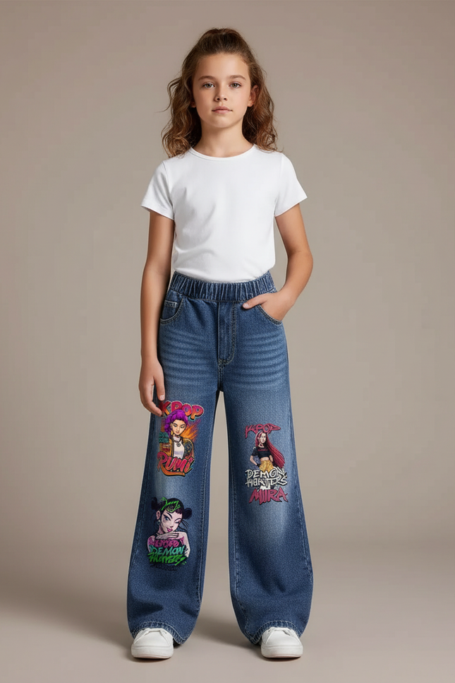 Pantalon Patte D'Éléphant Fille Denim Imprimé Large Casual - Bleu Jean