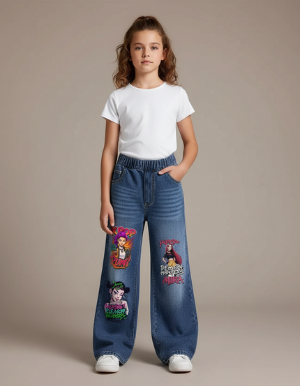 Pantalon Patte D'Éléphant Fille Denim Imprimé Large Casual - Bleu Jean