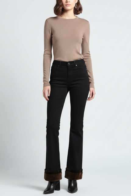 Pantalon Patte D'Éléphant Noir Évasé Fourrure Hiver Doublé - Jean