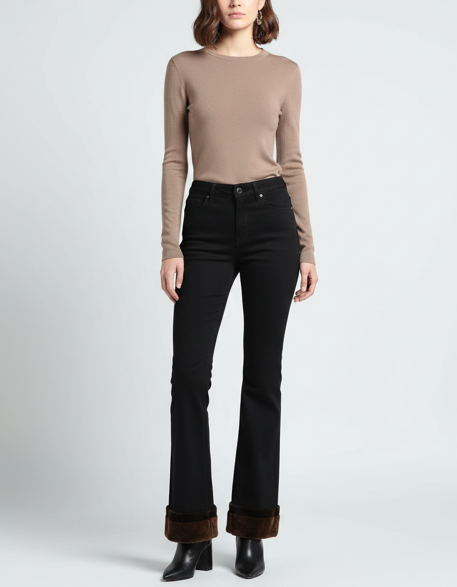 Pantalon Patte D'Éléphant Noir Évasé Fourrure Hiver Doublé - Jean