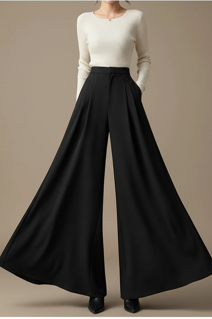 Pantalon Patte D'Éléphant Noir Fluide Taille Haute Élégant - Polyester