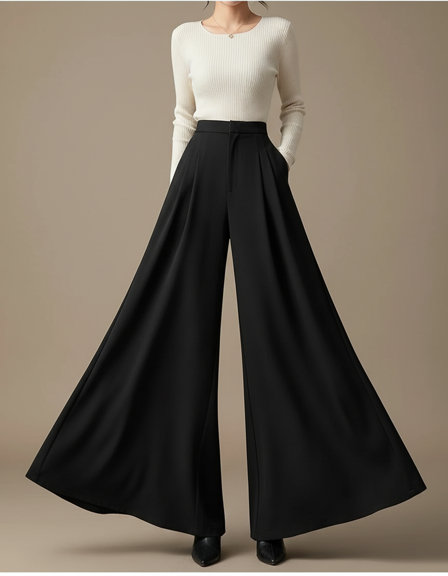 Pantalon Patte D'Éléphant Noir Fluide Taille Haute Élégant - Polyester