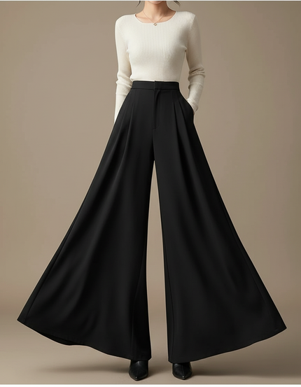 Pantalon Patte D'Éléphant Noir Fluide Taille Haute Élégant - Polyester