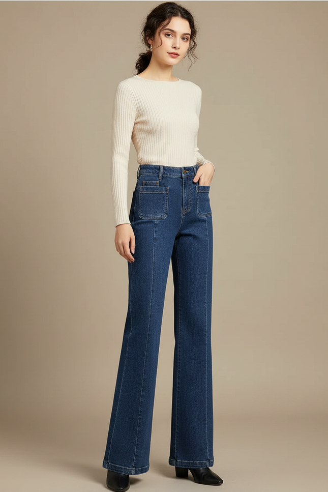 Pantalon Patte D'Éléphant Bleu Denim Taille Haute Élégant - Jean