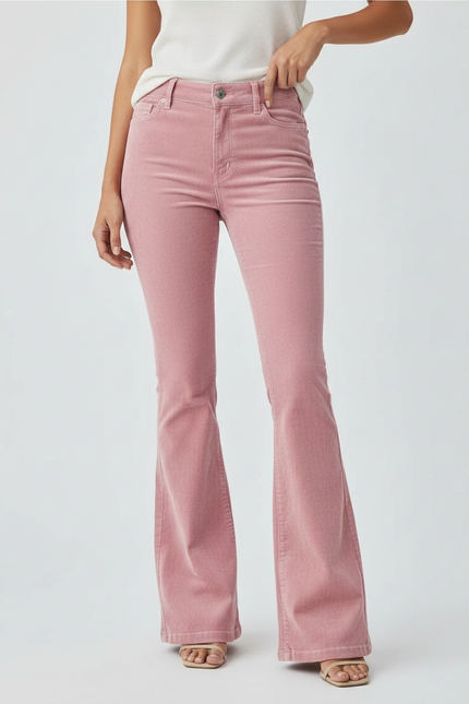 Pantalon Patte D'Éléphant Rose Côtelé Taille Haute Slim Fit - Cordé