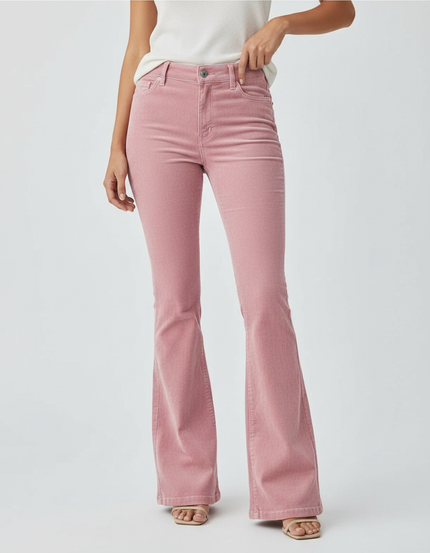 Pantalon Patte D'Éléphant Rose Côtelé Taille Haute Slim Fit - Cordé