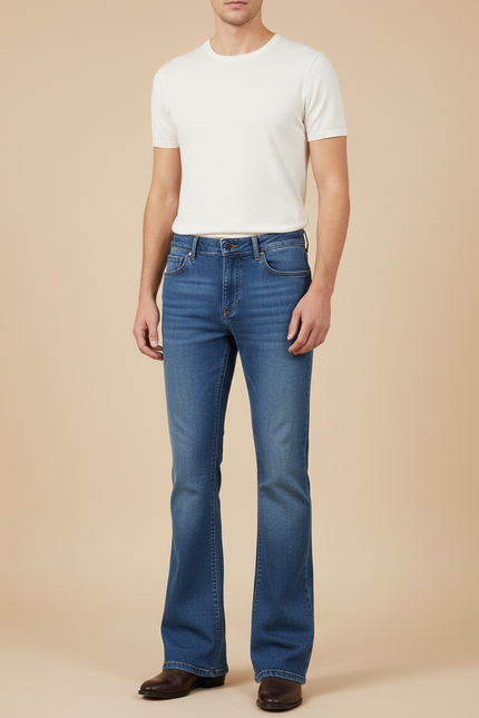 Pantalon Patte D'Éléphant Homme Bleu Jean Évasé Décontracté