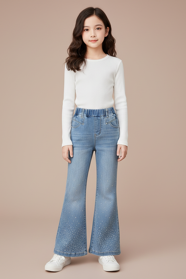 Pantalon Patte D'Éléphant Bleu Évasé Strass Enfant - Jean