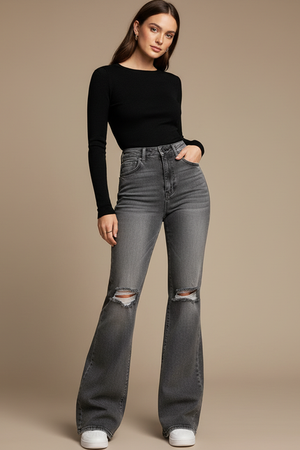 Pantalon Patte D'Éléphant Gris Délavé Déchiré Taille Haute Denim - Jean