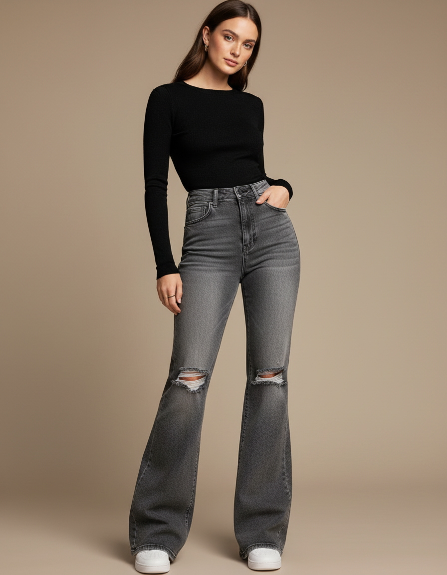 Pantalon Patte D'Éléphant Gris Délavé Déchiré Taille Haute Denim - Jean