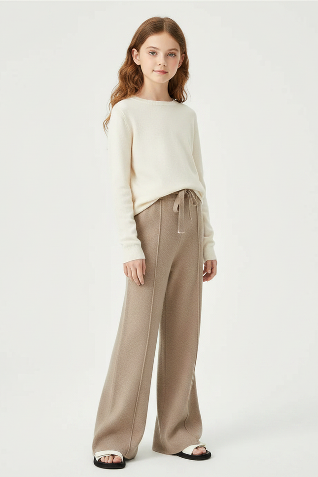 Pantalon Patte D'Éléphant Beige Tricoté Ample Décontracté Enfant - Maille
