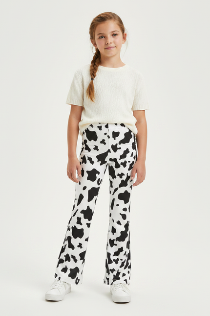 Pantalon Patte D'Éléphant Imprimé Vache Noir Blanc Fille - Maille