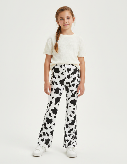 Pantalon Patte D'Éléphant Imprimé Vache Noir Blanc Fille - Maille
