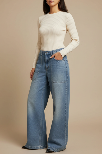 Pantalon Patte D'Éléphant Denim Ample Bleu Délavé Taille Haute - Jean