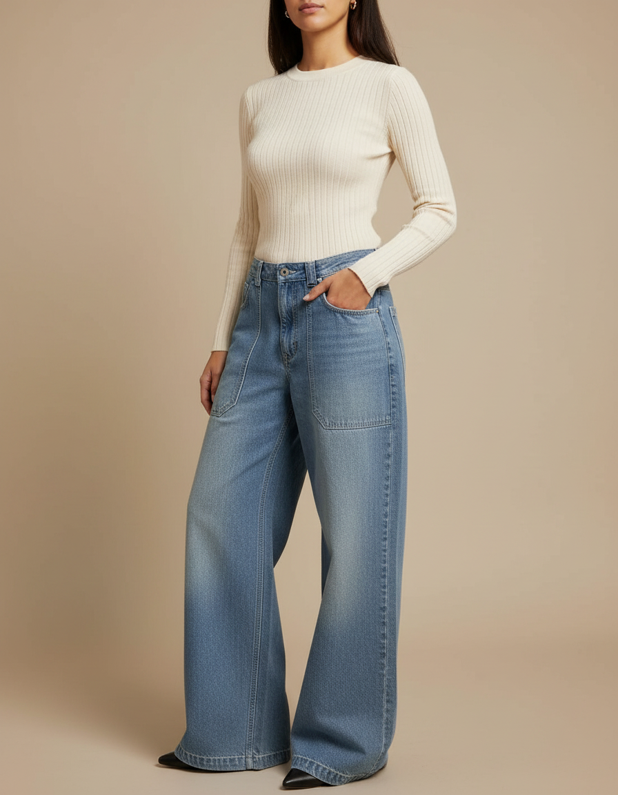 Pantalon Patte D'Éléphant Denim Ample Bleu Délavé Taille Haute - Jean