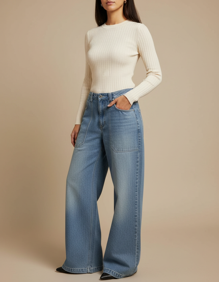 Pantalon Patte D'Éléphant Denim Ample Bleu Délavé Taille Haute - Jean