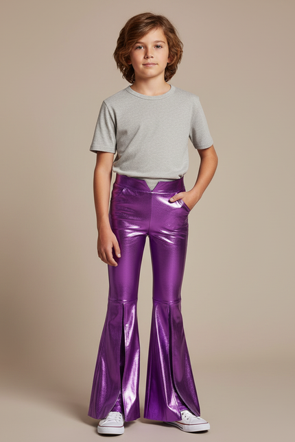 Pantalon Patte D'Éléphant Violet Métallisé Brillant Évasé Enfant - Simili cuir
