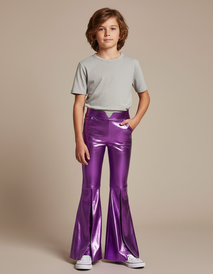 Pantalon Patte D'Éléphant Violet Métallisé Brillant Évasé Enfant - Simili cuir