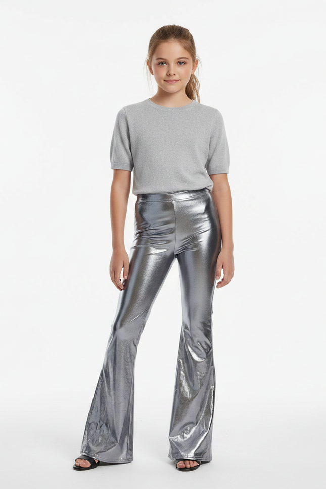 Pantalon Patte D'Éléphant Métallisé Argenté Brillant Évasé - Polyester