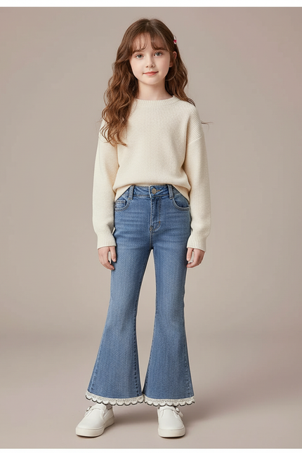 Pantalon Patte D'Éléphant Denim Bleu Clair Évasé Dentelle Fille - Jean