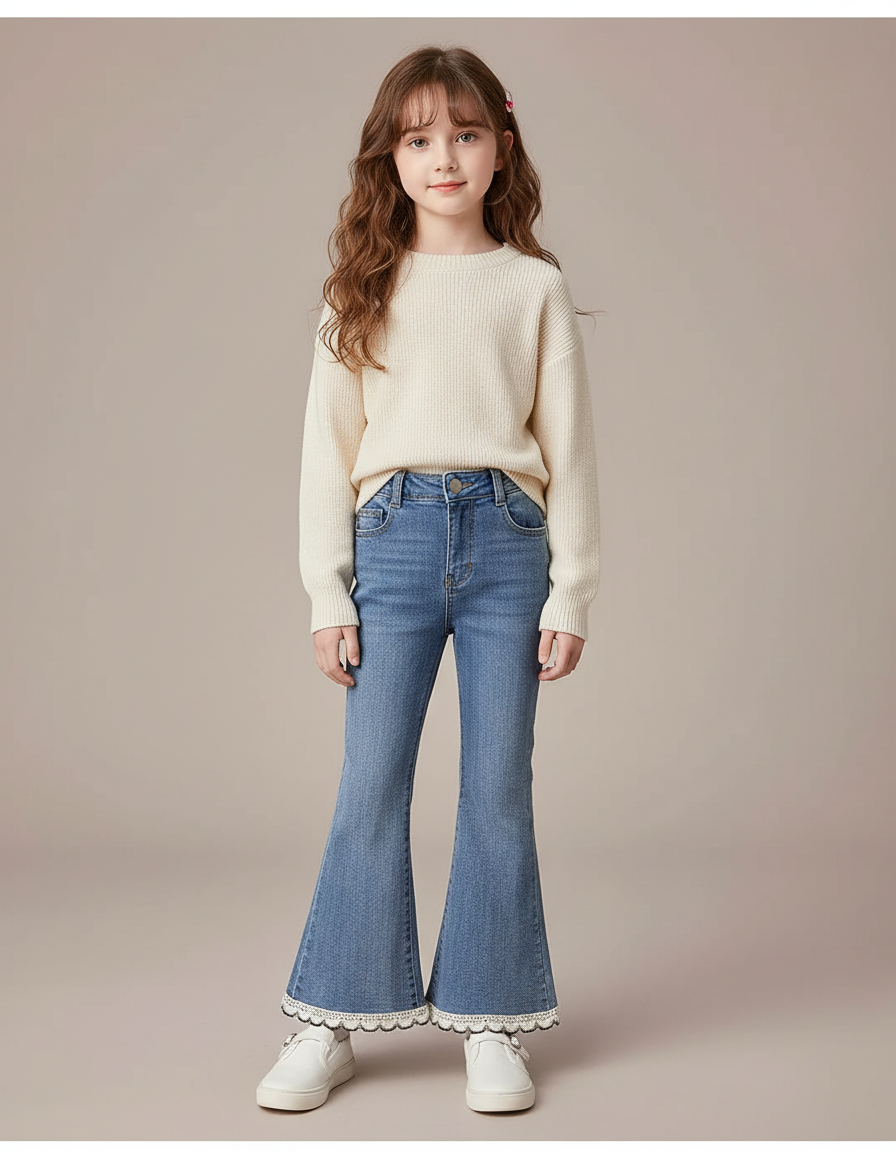 Pantalon Patte D'Éléphant Denim Bleu Clair Évasé Dentelle Fille - Jean