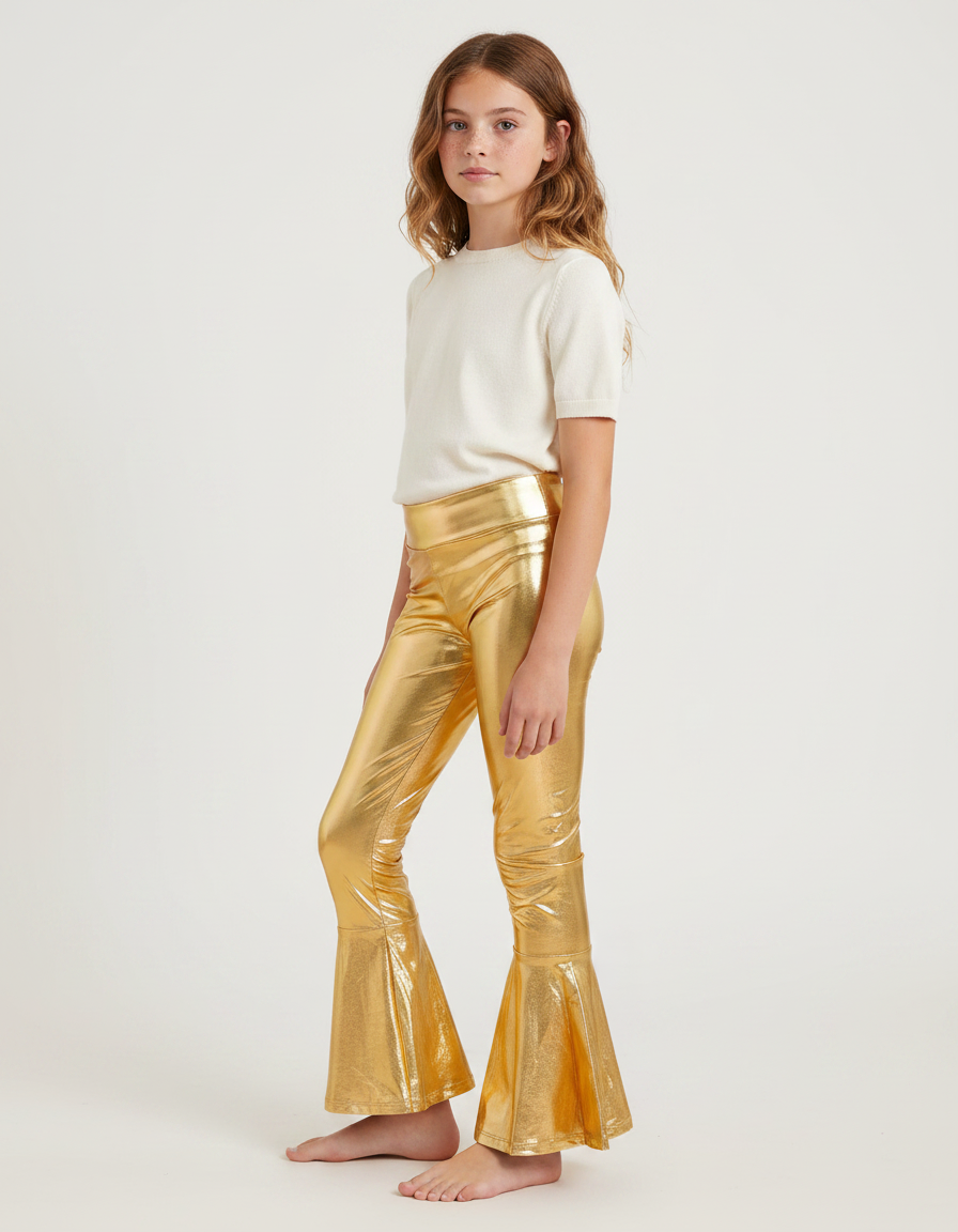 Pantalon Patte D'Éléphant Or Brillant Évasé Disco Fille - Doré Polyester