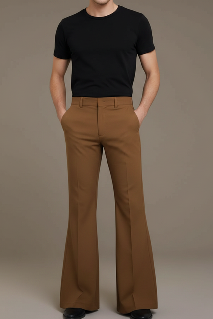 Pantalon Patte D'Éléphant Marron Classique Homme Évasé Décontracté - Gabardine