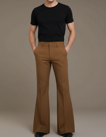 Pantalon Patte D'Éléphant Marron Classique Homme Évasé Décontracté - Gabardine